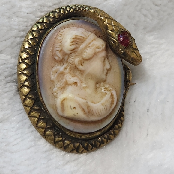 Vintage Shell Cameo Serpent Brooch Red Rhinestone Eye 1940s - Picture 4 of 14